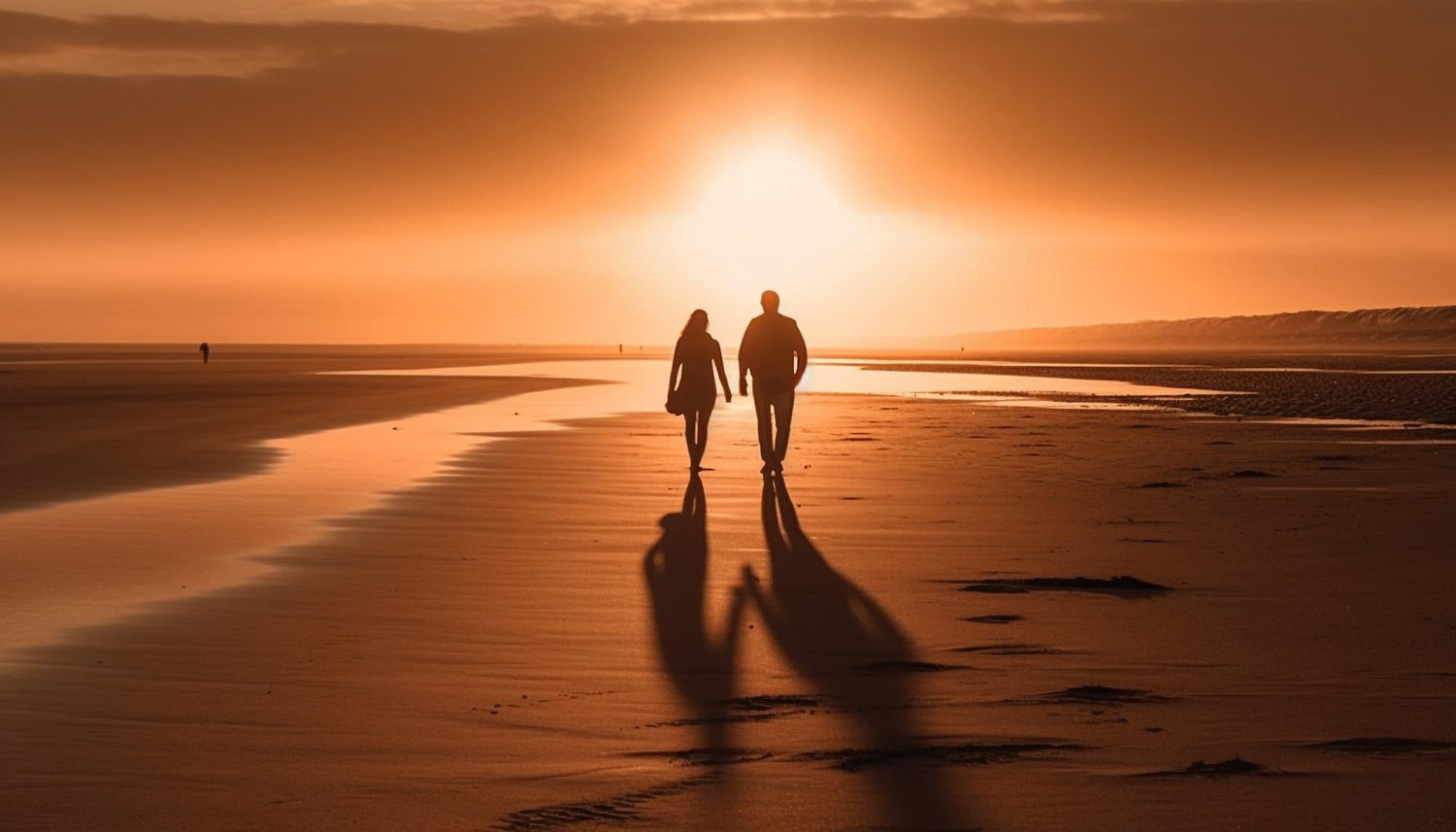 Soft sunrise over two people walking, relaxed smiles, hands nearly touching