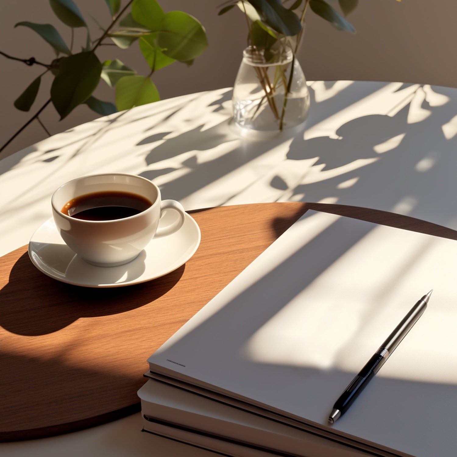 warm morning light on a desk with a journal and tea, calm scene that invites reflection and safety