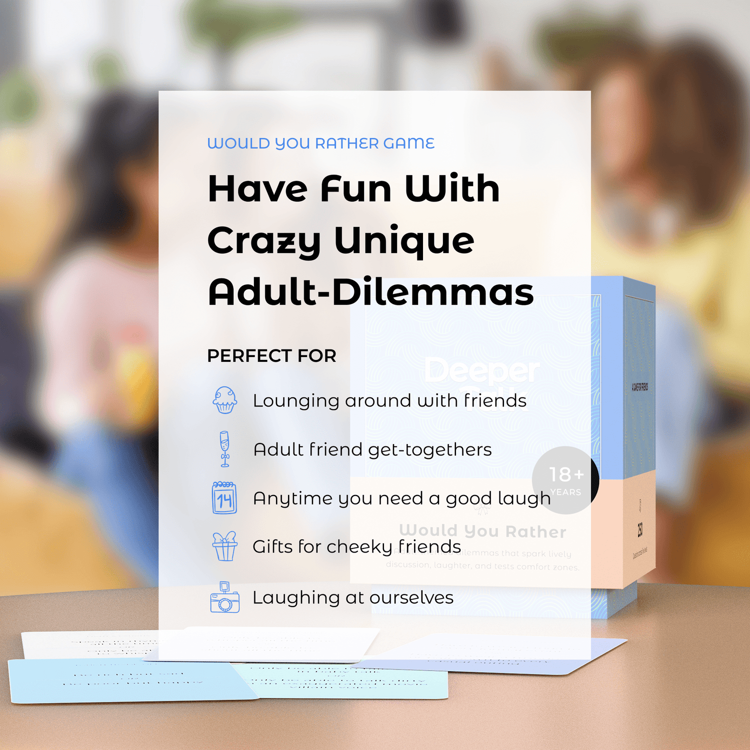 Would You Rather game - funny adult party cards with embarrassing scenarios, truth-revealing questions, and dare-based challenges