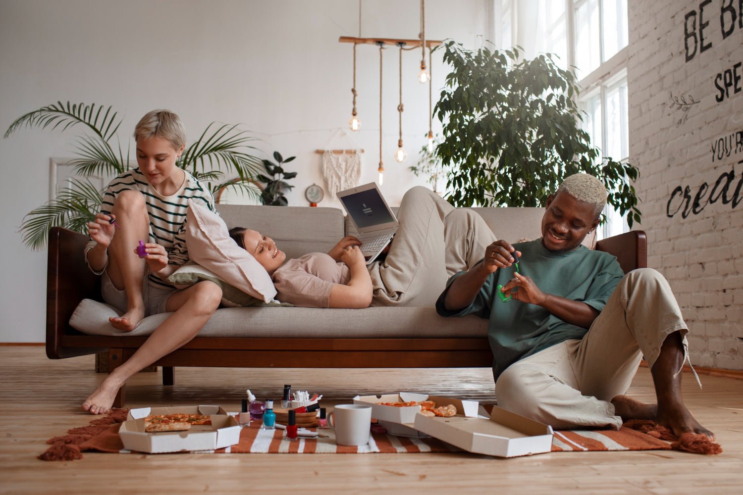  cozy living room with a family smiling on the rug, board game boxes stacked on a side table